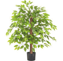 Kunstmatige Ficus in zwarte kunststof pot met natuurgetrouwe stam en dicht gebladerte.