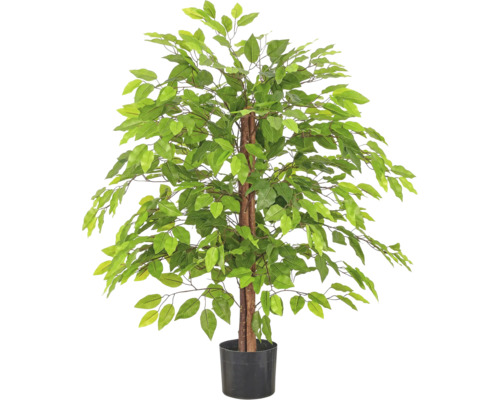 Kunstmatige Ficus in zwarte kunststof pot met natuurgetrouwe stam en dicht gebladerte.