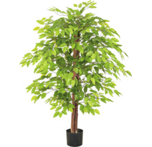 Kunstficus Benjamina boom in zwarte kunststof pot met natuurlijke stam en groene bladeren.
