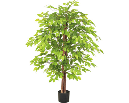 Kunstficus Benjamina boom in zwarte kunststof pot met natuurlijke stam en groene bladeren.