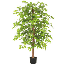 Kunstficus met veel groene bladeren en natuurgetrouwe stam in een zwarte pot.