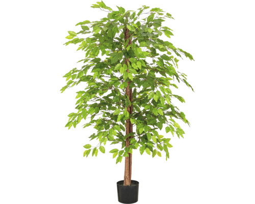 Kunstficus met veel groene bladeren en natuurgetrouwe stam in een zwarte pot.