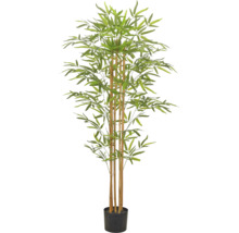 Kunstbamboeplant met meerdere stammen en groene bladeren in een zwarte pot.