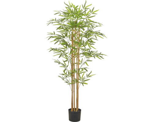 Kunstbamboeplant met meerdere stammen en groene bladeren in een zwarte pot.