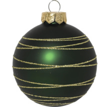 Donkergroene glazen kerstbal met een patroon van gouden glitterlijnen en een metalen kapje.