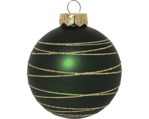 Donkergroene glazen kerstbal met een patroon van gouden glitterlijnen en een metalen kapje.