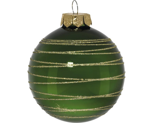 Groene glazen kerstbal met gouden glitterstrepen en een gouden kapje.