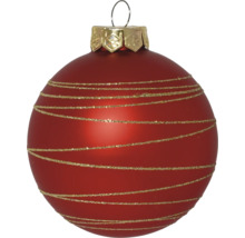 Kerstbal van glas in het rood met gouden glitterstrepen en ophangoog.