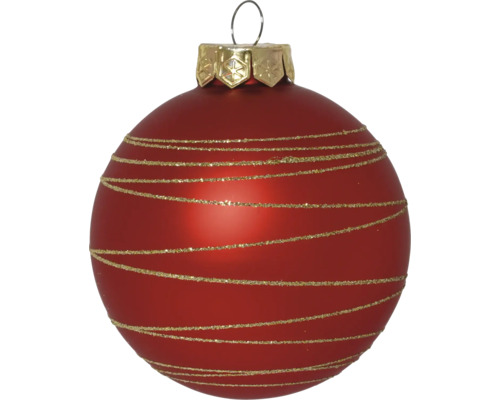Kerstbal van glas in het rood met gouden glitterstrepen en ophangoog.