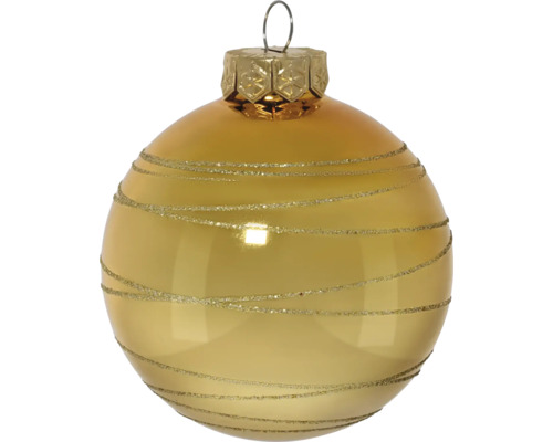 Glazen kerstbal in goud met horizontale glitterstrepen.