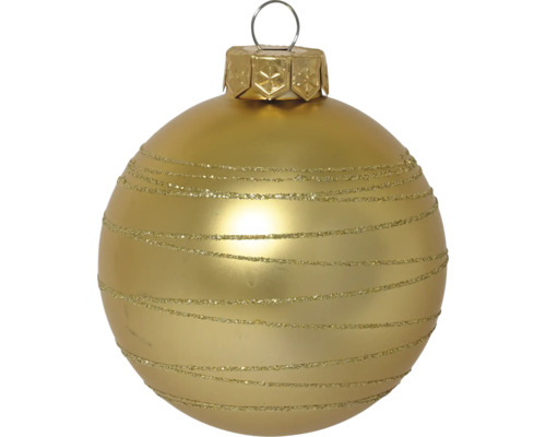 Goudkleurige glazen kerstbal met horizontale glitterstrepen en ophangoog.