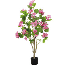 Kunst orchideeënboom in zwarte pot met roze bloemen en groene bladeren.