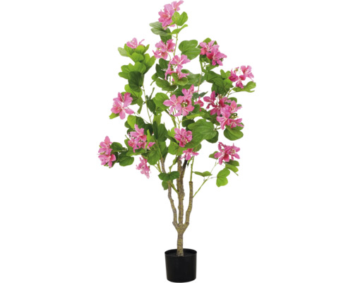 Kunst orchideeënboom in zwarte pot met roze bloemen en groene bladeren.