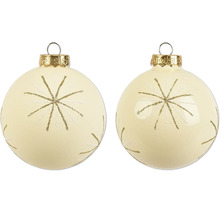Twee crèmekleurige kerstballen met glinsterend sterrenpatroon en goudkleurige hanger.