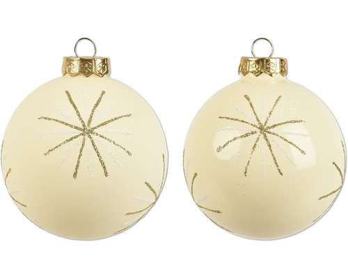 Twee crèmekleurige kerstballen met glinsterend sterrenpatroon en goudkleurige hanger.