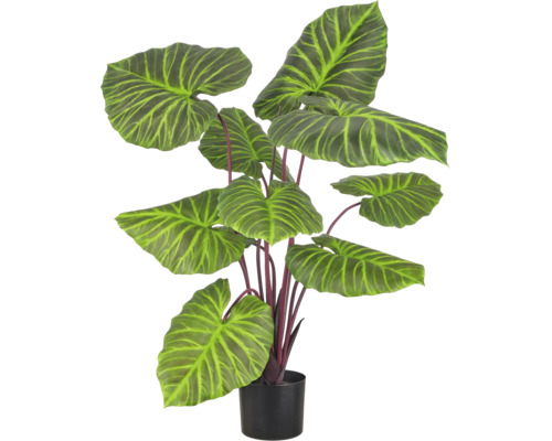 Kunstplant Alocasia met grote, generfde bladeren in zwarte pot.