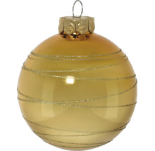 Glazen kerstbal in goud met horizontale glitterstrepen.