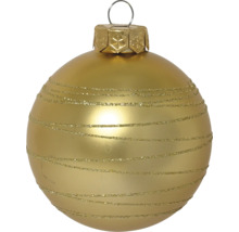 Mat gouden kerstbal met horizontale glitterstrepen en ophangoog.