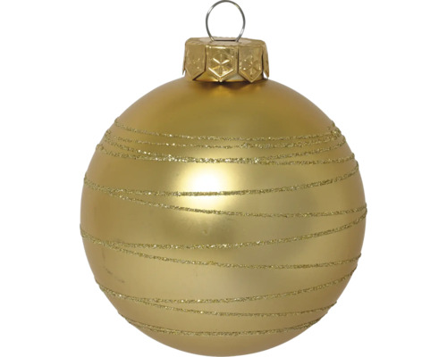 Mat gouden kerstbal met horizontale glitterstrepen en ophangoog.