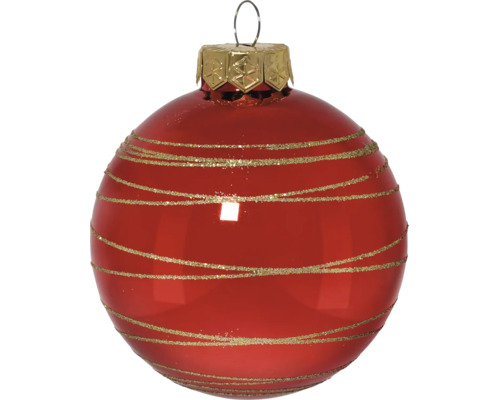 Rode glanzende kerstbal met horizontale gouden glitterstrepen en een gouden kapje.