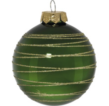 Groene glazen kerstbal met gouden glitterstrepen en een gouden kapje.
