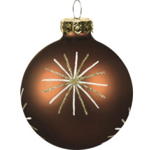 Bruine glazen kerstbal met glinsterend stervormig patroon en metalen ophangoog.