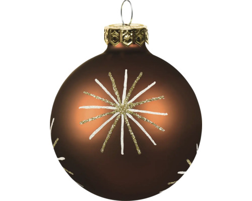 Bruine glazen kerstbal met glinsterend stervormig patroon en metalen ophangoog.