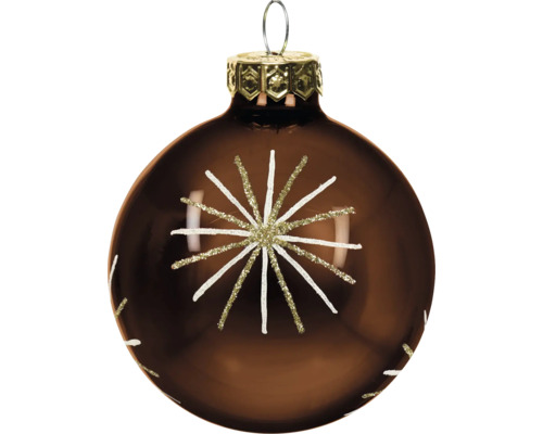 Bruine glazen kerstbal met glinsterend stervormig patroon en gouden kapje met ophangoog.