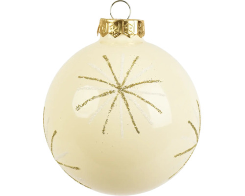 Glazen kerstbal in crème met glinsterend sterpatroon.