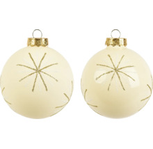 Twee kerstballen met een glinsterend sterpatroon en goudkleurige hangers.
