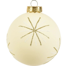 Crèmekleurige glazen kerstbal met gouden glitterster en gouden kap.
