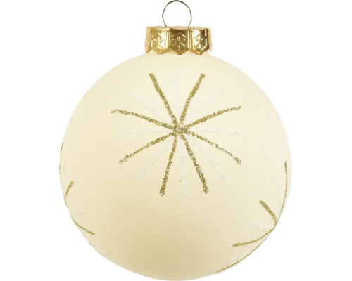 Crèmekleurige glazen kerstbal met gouden glitterster en gouden kap.