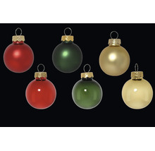 Set van zes glazen kerstballen in rood, groen en goud, uitgevoerd in zowel mat als glanzend.