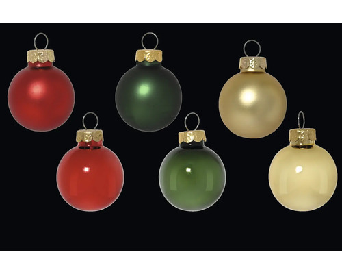 Set van zes glazen kerstballen in rood, groen en goud, uitgevoerd in zowel mat als glanzend.