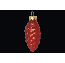 Glazen kerstboomversiering in de vorm van een dennenappel in het rood met ophangoog.