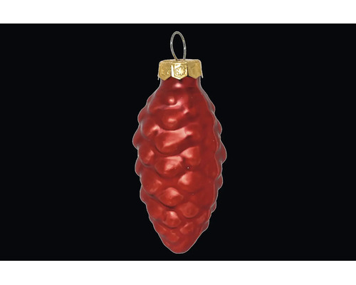 Glazen kerstboomversiering in de vorm van een dennenappel in het rood met ophangoog.