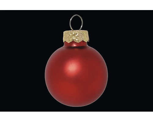 Matte rode kerstbal van glas met gouden kapje en hanger.