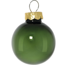 Glanzende groene glazen kerstbal met gouden kapje en ophangoog.