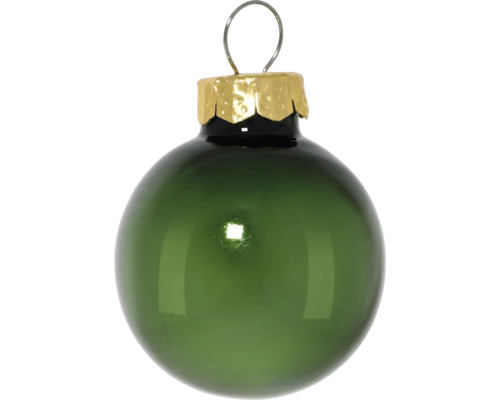 Glanzende groene glazen kerstbal met gouden kapje en ophangoog.
