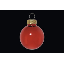 Rode glanzende glazen kerstbal met goudkleurige kap en ophangoog.