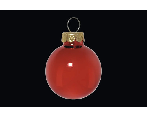 Rode glanzende glazen kerstbal met goudkleurige kap en ophangoog.