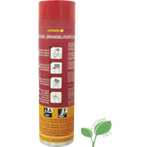 Brandblusspray voor brandklassen A en F, fluorvrij, met geïllustreerde gebruiksinstructies.