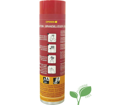 Brandblusspray voor brandklassen A en F, fluorvrij, met geïllustreerde gebruiksinstructies.