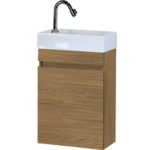 Wastafelonderkast in houtlook met witte opzetwastafel en chromen kraan.