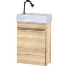 Badmeubelset met wastafel en kraan, onderkast in eikenlook, witte keramische wastafel, verchroomde kraan.