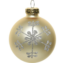 Champagnekleurige glazen kerstbal met satijnen afwerking en een zilveren glitter sneeuwvlok, inclusief ophangoog.
