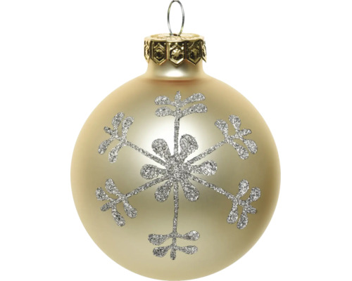 Champagnekleurige glazen kerstbal met satijnen afwerking en een zilveren glitter sneeuwvlok, inclusief ophangoog.