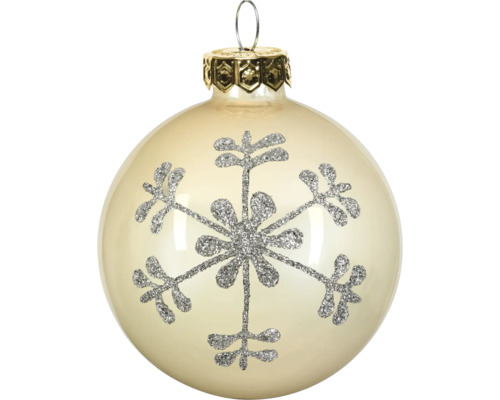 Glazen kerstbal met zilverkleurige glitter sneeuwvlok en ophangoog.