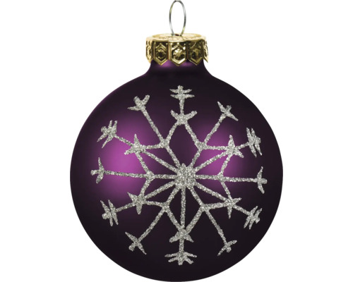 Paarse kerstbal met een zilveren glitter sneeuwvlok en gouden kapje.