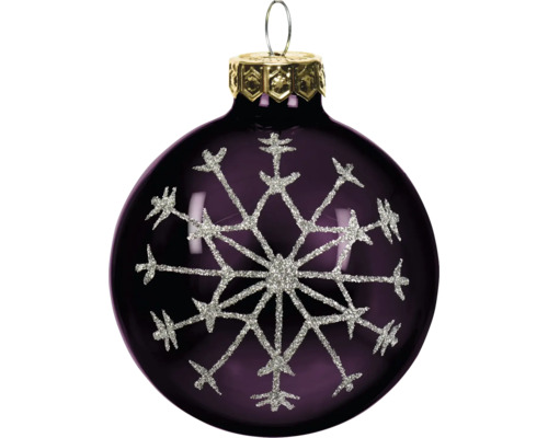 Donkerpaarse kerstbal van glas met een grote zilveren glitter sneeuwvlok en goudkleurig ophangoog.